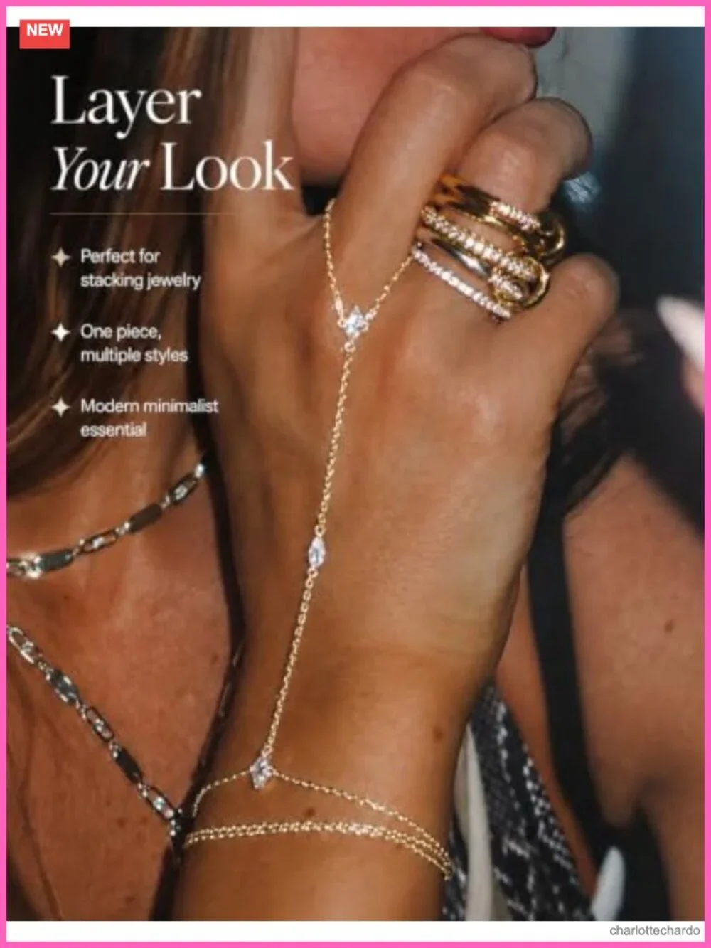 14K Gold Plated Dainty Hand Chain Bracelet Set for Women Stackable Ring